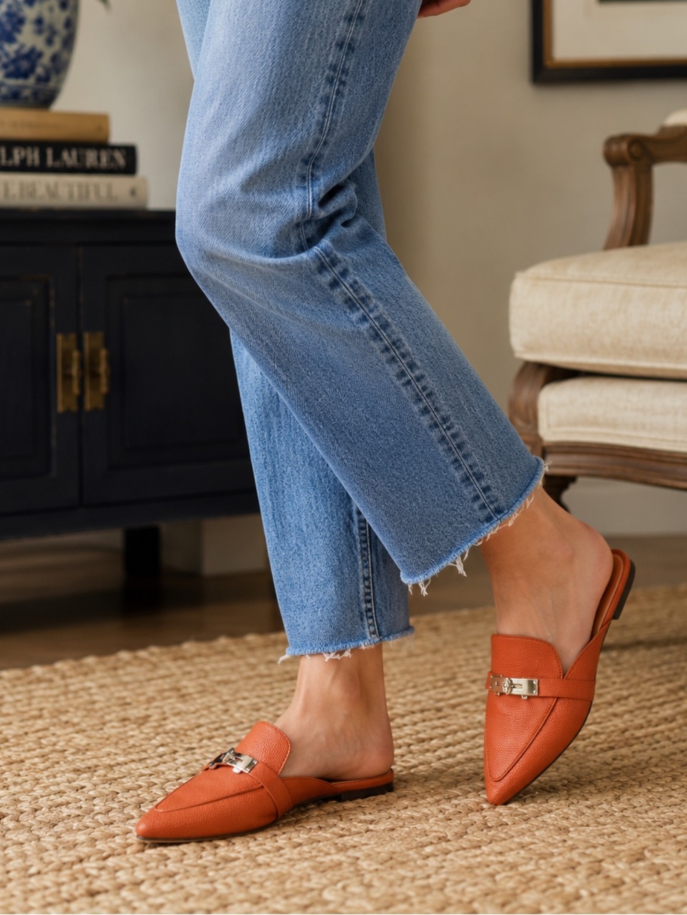 Cognac Turn Lock Mule Slides | Textured Faux Leather | Size 8 | New